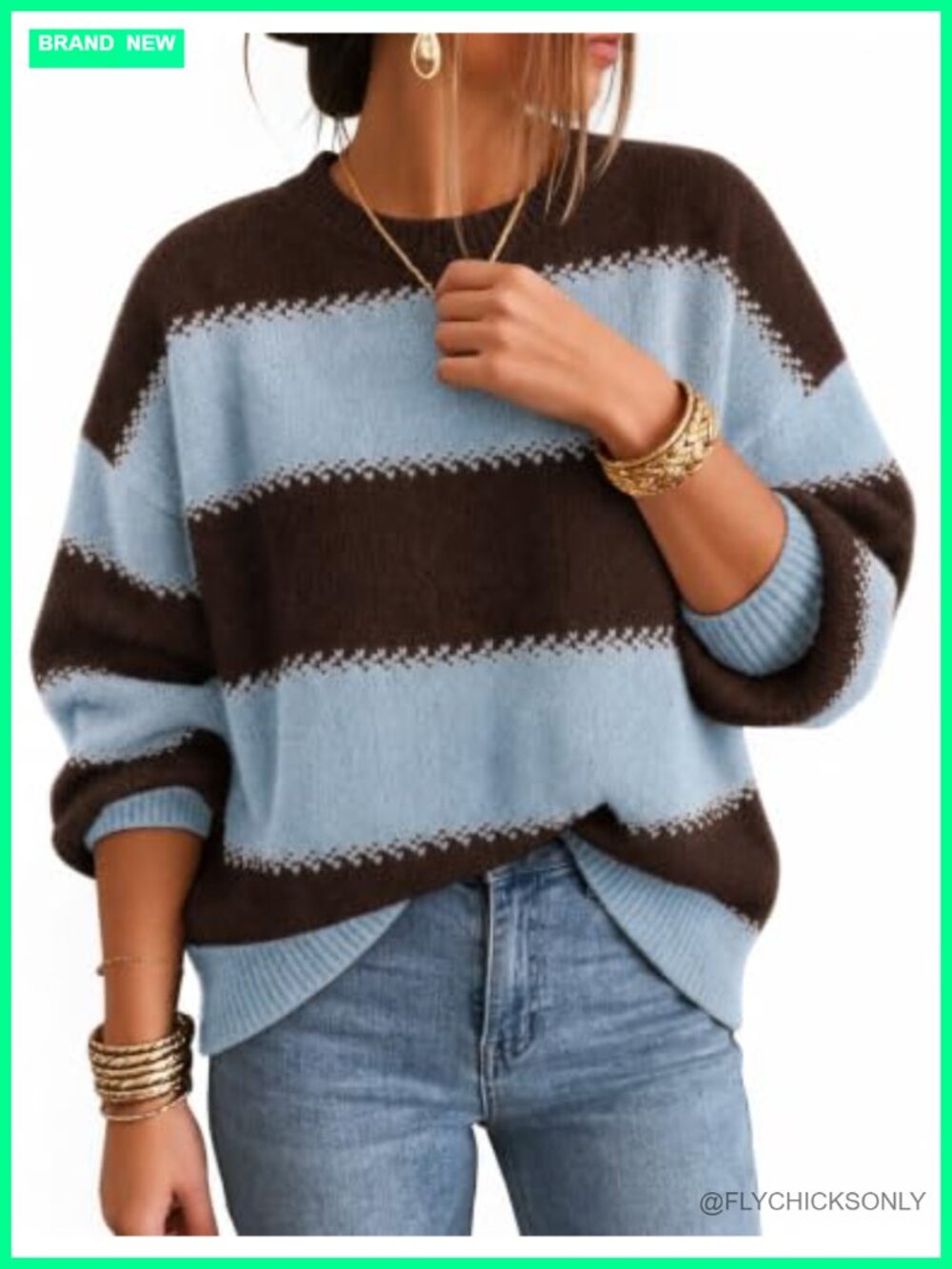 Oversized Striped Knit Sweater Long Sleeve Crew Neck Pullover